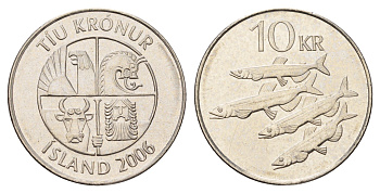 Исландия 10 крон 2006 рыбы KM 29.1a сталь плакированная никелем 4691-257