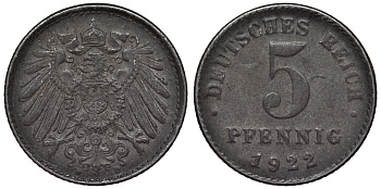Германия 5 пфеннигов 1922 D KM 19, J. 297, Weege 5 железо 4118-1141