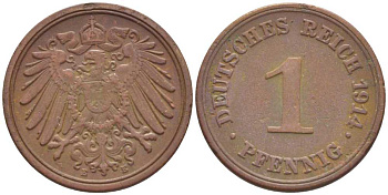 ГЕРМАНИЯ 1 ПФЕННИГ 1914 E KM 10, J. 10, Weege 2 медь 206-438