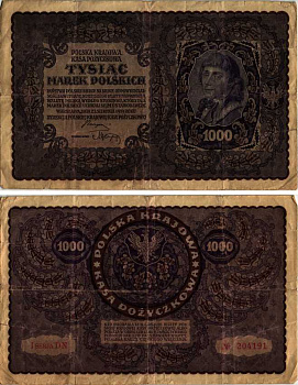 ПОЛЬША 1000 МАРОК 1919 23 АВГУСТА 1919, ТРЕТИЙ ВЫПУСК, ПОРТРЕТ КОСТЮШКО Pick 29 бумага VF 8607-25-1