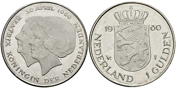Нидерланды 1 гульден 1980 на коронацию Беатрикс, 30 апреля 1980 KM 200 никель 94-657
