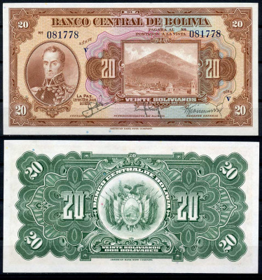 Боливия 20 боливиано 1928 серия V, Симон Боливар Pick 122 a (4)  бумага  aUNC 7217-100-1-2