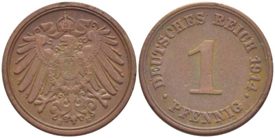 ГЕРМАНИЯ 1 ПФЕННИГ 1914 E KM 10, J. 10, Weege 2 медь 206-438