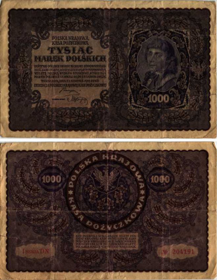 ПОЛЬША 1000 МАРОК 1919 23 АВГУСТА 1919, ТРЕТИЙ ВЫПУСК, ПОРТРЕТ КОСТЮШКО Pick 29 бумага VF 8607-25-1