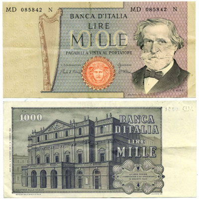 Италия 1000 лир 1980 6 сентября 1980 Джузеппе Верди, Милин Ла Скала Pick 101g бумага 7484-17-2-1