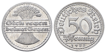 Германия 50 пфеннигов 1922 F KM 27, J. 301 алюминий aUNC 4700-1014