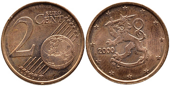 ФИНЛЯНДИЯ 2 ЕВРОЦЕНТА 2000 KM 99 сталь плакированная медью UNC 4387-1256