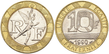 Франция 10 франков 1990 тип Гений Бастилии KM 964.1, Le Frank 375.5 биметалл 4519-237