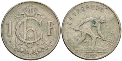 Люксембург 1 франк 1960 сталевар KM 46.2 медно-никель 4364-1841