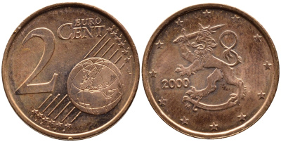 ФИНЛЯНДИЯ 2 ЕВРОЦЕНТА 2000 KM 99 сталь плакированная медью UNC 4387-1256