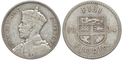Фиджи 1 флорин 1934 Георг V (1910-1936), герб Фиджи KM 5 серебро    91-1112
