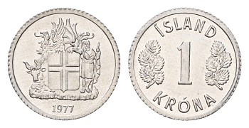 Исландия 1 крона 1977 KM 23 алюминий UNC 4687-811