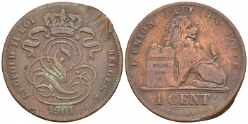 БЕЛЬГИЯ 1 САНТИМ 1901 FR KM 33.1 медь 44-941