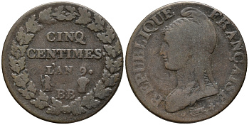 ФРАНЦИЯ 2 СОЛЯ 1792 W, ЛЮДОВИК XVI KM 603.16 (С89.10) бронза 34-1153