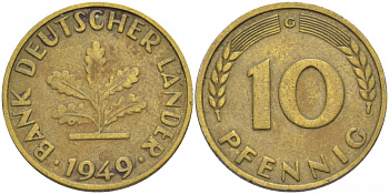ФРГ 10 ПФЕННИГОВ 1949 G KM 103, J.378 сталь плакированная латунью 113-1041
