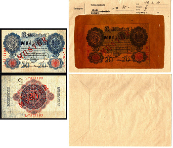Германия 20 марок 1914 19 февраля, MUSTER, образец, Specimen. В оригинальном банковском конверте. Из коллекции Отто Сейфферта (помощник Ялмара Шахта - министра экономики Германии и президента Рейхсбанка времен третьего рейха) Pick 46 s, Grabowski DEU 41 b