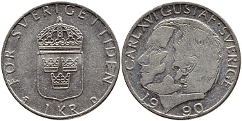 Швеция 1 крона 1990 Карл XVI Густав (1973- ) KM 852a медно-никель 4398-1242