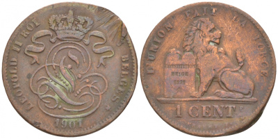 БЕЛЬГИЯ 1 САНТИМ 1901 FR KM 33.1 медь 44-941