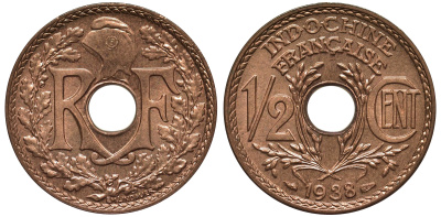 Французский Индокитай 1/2 цента 1938 а KM 20 бронза UNC 4556-112