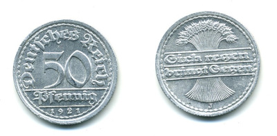 ГЕРМАНИЯ 50 ПФЕННИГОВ 1921 J KM 27, J. 301 алюминий 23-823