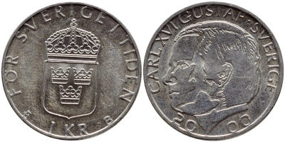Швеция 1 крона 2000 Карл XVI Густав (1973- ) KM 852а медно-никель 4364-2411