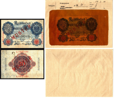 Германия 20 марок 1914 19 февраля, MUSTER, образец, Specimen. В оригинальном банковском конверте. Из коллекции Отто Сейфферта (помощник Ялмара Шахта - министра экономики Германии и президента Рейхсбанка времен третьего рейха) Pick 46 s, Grabowski DEU 41 b