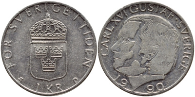 Швеция 1 крона 1990 Карл XVI Густав (1973- ) KM 852a медно-никель 4398-1242