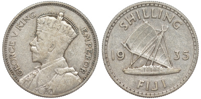 Фиджи 1 шиллинг 1935 Георг V (1910-1936), парусник KM 4 серебро    91-1014
