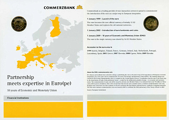 ФРГ 2 евро 2009 A, 10 лет монетарной политики ЕС (EMU) и введения евро, в оригинальном буклете Коммерцбанка KM 277 биметалл UNC 4-3-3-20
