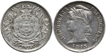 ПОРТУГАЛИЯ 10 СЕНТАВО 1915 РЕСПУБЛИКА, ПРОБА 835, ВЕС 2,49 ГР. КМ 563 серебро 201-1038
