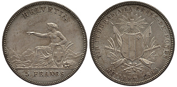 Швейцария 5 франков 1863 стрелковый фестиваль - Ла-Шо-де-Фон KM S7 серебро aUNC 00-817-63