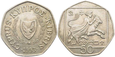 КИПР 50 ЦЕНТОВ 1993 ПОХИЩЕНИЕ ЕВРОПЫ KM 66 медно-никель 117-325