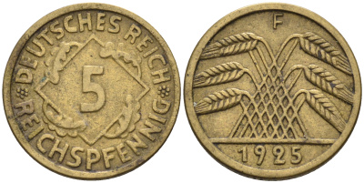 Германия 5 рейхспфеннигов 1925 F KM 39, J. 316 алюминиевая бронза    4594-1119