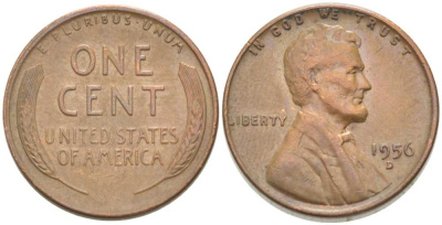 США 1 ЦЕНТ 1956 D, ЛИНКОЛЬН KM А132 медь цинк 218-666