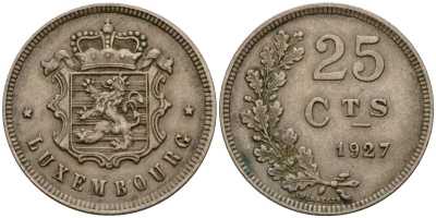 Люксембург 25 сантимов 1927 Шарлотта (1918-1964) KM 37 медно-никель 4577-1012