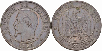 ФРАНЦИЯ 10 САНТИМОВ 1855 BB, НАПОЛЕОН III (1852-1870) KM 771.3, LE FRANC 133.22 бронза 38-1045