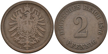 Германия 2 пфеннига 1876 A, старогербовка KM 2, J. 2 медь 4575-656