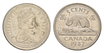 Канада 5 центов 1987 Елизавета II (1952-2022), бобр KM 60.2a медно-никель 4630-736