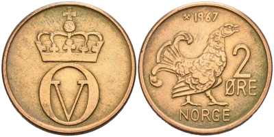 Норвегия 2 эре 1967 глухарь, Улаф V (1958-1991) KM 410бронза 4571-354