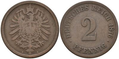 Германия 2 пфеннига 1876 A, старогербовка KM 2, J. 2 медь 4575-656