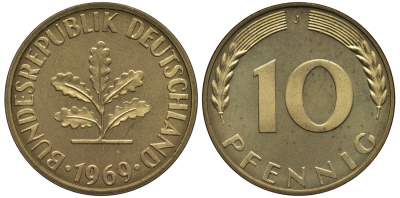 ФРГ 10 пфеннигов 1969 J KM 108, J.383 сталь плакированная латунью PROOF 1099-4-33
