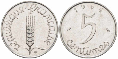 ФРАНЦИЯ 5 САНТИМОВ 1964 ПЯТАЯ РЕСПУБЛИКА KM 927, LE FRANC 124.6 хромированная сталь 105-438