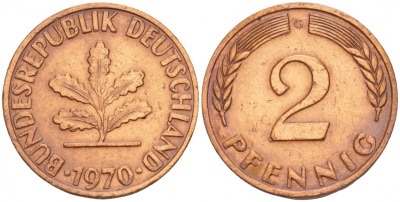 ФРГ 2 ПФЕННИГА 1970 G KM 106a, J.381a сталь плакированная сталь плакированная медьюю 4532-1258