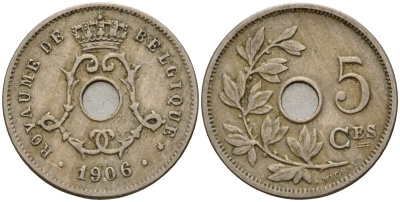 Бельгия 5 сантимов 1906 Belges KM 54 медно-никель    4598-849