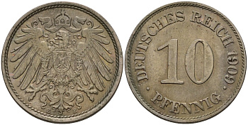 Германия 10 пфеннигов 1909 E KM 12, J. 13 медно-никель 3336-1122
