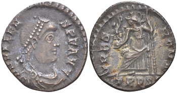 Римская Империя аргентей ('силиква') 367 - 375 Валент, бюст императора, D N VALENS P F AVG / Рома, VRBS ROMA, Августа Треверов (из немецкой коллекции 1-й половины XX века, с владельческим конвертом) RIC 27e.1 серебро 1073-14-105