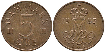 ДАНИЯ 5 ЭРЕ 1985 R; B, МАРГРЕТЕ II (1972-) KM 859.3 железо плакированное медью 116-168