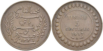 ТУНИС 5 САНТИМОВ 1917 АН1336, MUHAMMAD al-NASIR BEY KM 235 бронза 4523-817
