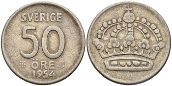 Швеция 50 эре 1954 TS, Густав VI Адольф (1950-1973) KM 825 серебро 4148-932