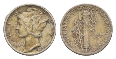 США 1 дайм (10 центов) 1937 KM 140 серебро 4649-552